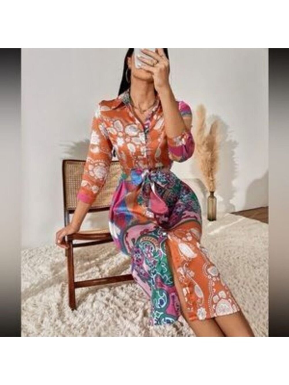 Boho floral print belted shirt dress